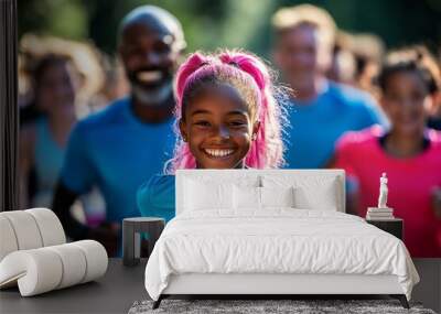 Multi-ethnic family at community race finish line, smiling girl with pink hair, concept of kids participation. Wall mural