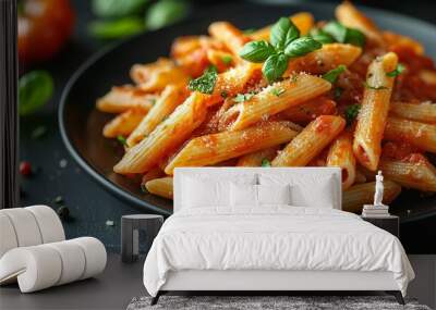 Penne pasta with tomato sauce and basil on a black plate, food photography with dark background Wall mural