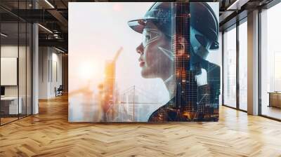 Side profile of a female construction engineer with a transparent overlay of architectural blueprints Wall mural