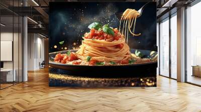 Spaghetti with tomato sauce and Parmesan on a fork, dramatic lighting and high detail Wall mural