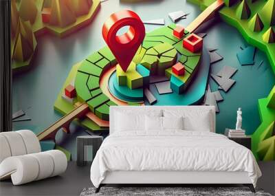 Stylized 3d map with red pin modern digital cartography design Wall mural