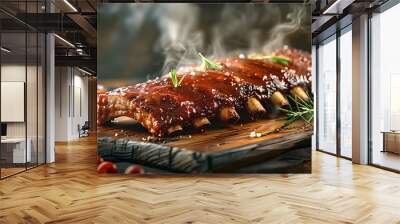 Succulent barbecue ribs on cutting board with steam rising Wall mural