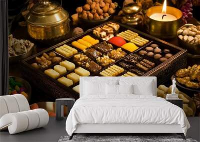 Traditional Indian sweets in ornate box with golden elements and lit candle for celebration Wall mural