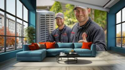 two cheerful HVAC technicians, one in the foreground giving a thumbs-up to the camera with a proud smile Wall mural