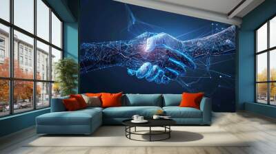 virtual handshake blue neon polygonal mesh hands technology network dark background Wall mural