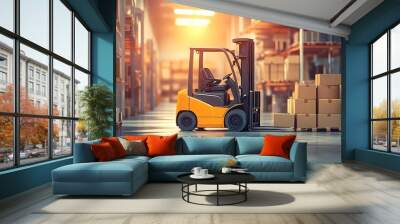 Well-lit warehouse interior with sunbeams on a yellow forklift transporting boxes, modern industrial setting Wall mural