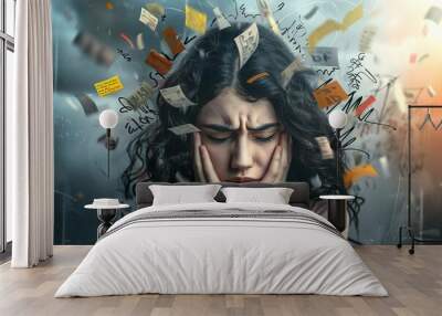 Woman with dark curly hair feeling overwhelmed with thoughts and tasks, anxiety and mental load, intense emotional portrait Wall mural