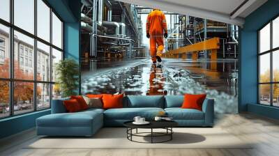 Worker in orange safety jumpsuit and helmet walking away in an industrial chemical plant, focus on safety and industrial work environment Wall mural