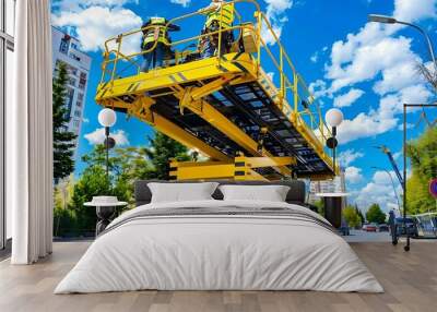 yellow aerial lift platform on the road, construction workers working in background Wall mural