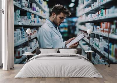 young male pharmacist in drugstore holding clipboard with prescriptions, natural lighting Wall mural