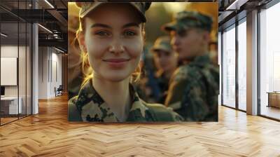 Young woman in military uniform smiling, with friends in the background during golden hour. Cinematic style. Wall mural