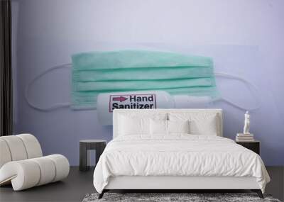 self protection tool from corona virus transmission. hand sanitizer and mouth mask Wall mural