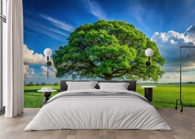 Extreme close-up panorama of a lush green ecological field with oak tree Wall mural