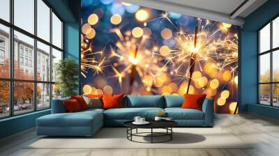 sparklers glowing in dark with bokeh lights background reflected Wall mural