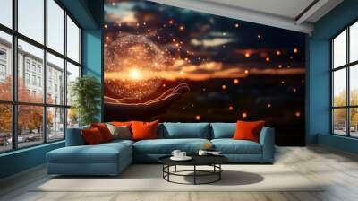 A Hand holding a glowing digital sphere with a network connection,  global network and data customer connection on nature background. Wall mural