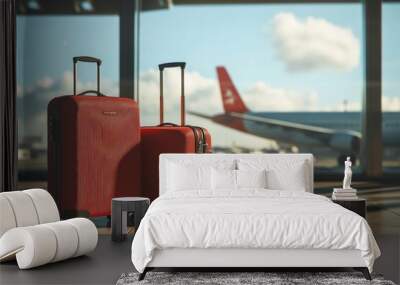 two suitcases and a travel bag near the window in an airport Wall mural