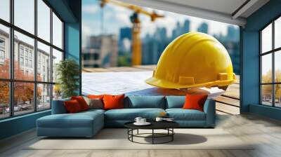 Yellow Construction Helmet on Blueprint at Building Site Wall mural