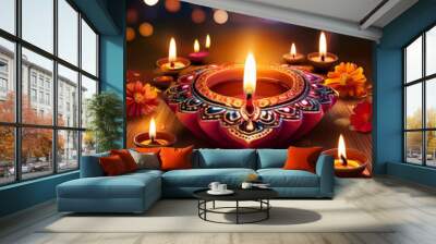 Beautiful diwali illustrations with diyas for  diwali greeting card, very festive , indian, bright . Wall mural