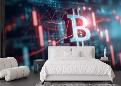 Glowing Bitcoin symbol overlaying a soaring stock chart , brightly shining above, Generative AI Wall mural