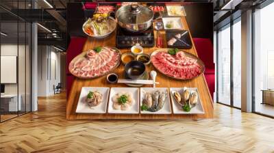 japanese hot pot set on wooden table. Wall mural