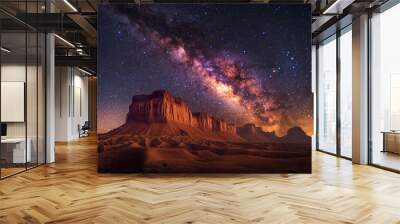 Stunning desert landscape under a starry night sky, with the Milky Way galaxy clearly visible. The contrast between the desert on Earth and the night sky Wall mural