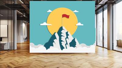 A red flag on top of mountain with the sun and cloud on sky Wall mural