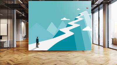 Businessman stands to look at the flag on top of the mountain Wall mural