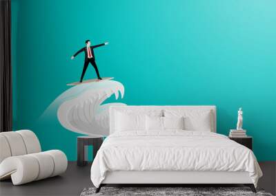 Businessman surfing on surfboard as waves to goal success Wall mural