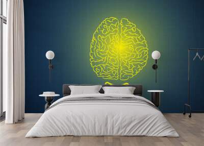 Vector : Lightbulb with brain on blue background Wall mural