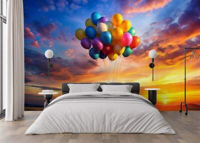 A Symphony of Colors: A Whimsical Balloon Display Against a Vibrant Sunset  Generative AI Wall mural