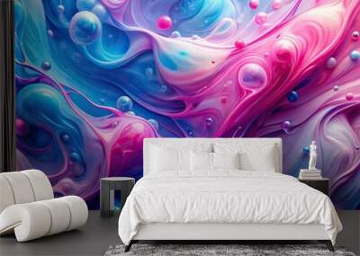 Abstract liquid background design with pink and blue fluid shapes reflecting Wall mural