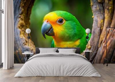 Emerald Gleam: A Parakeet's Peek from the Rainforest Canopy  AI Generated Wall mural