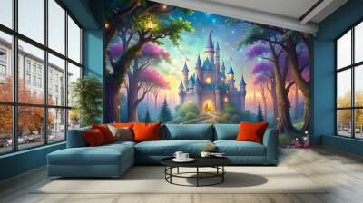 Enchanted Twilight Forest with a Whimsical Castle  AI generated Wall mural