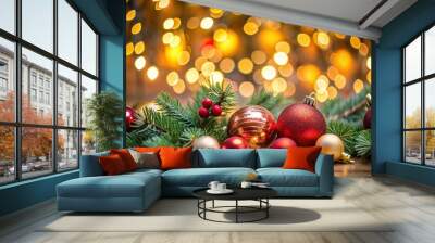 Festive holiday decorations with blurry lights background for Christmas celebration Wall mural