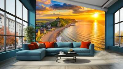 Golden sunset hues dance across the Normandy coastline AI-Generated Content, evening light, beach, sea Wall mural