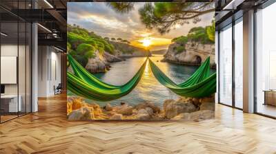 Green hammocks stacked in a cove on the island of Mallorca at sunset Creative AI Wall mural