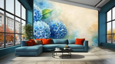 Whispers of Blue: A Watercolor Dream of Hydrangeas on Vintage Paper  AI Generated Wall mural