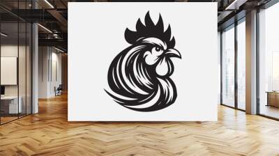 A black-and-white vector silhouette of a rooster head. Wall mural