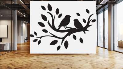 A tree branch with small leaves and two birds. Wall mural