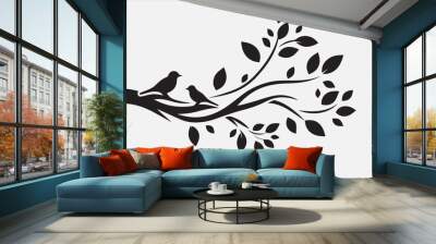 A tree branch with small leaves and two birds. Wall mural