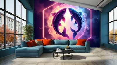 Zodiac sign Pisces, Two fish swimming in a circular shape in the center of a galaxy-like background, inside a hexagonal badge Wall mural