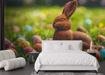 A chocolate bunny surrounded by colorful eggs in the grass, symbolizing Easter celebration with a festive and spring vibe. Generative AI Wall mural