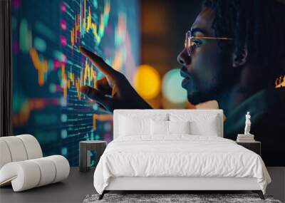 Black man finger touch forex diagrams, stock market data with chart, Generative AI Wall mural