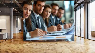 Business team analyzing financials documents in a meeting, Generative AI Wall mural