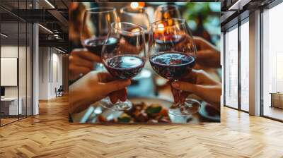 Close up of group of people toasting with wine glasses in celebration at Thanksgiving dinner table, copy space, Generative AI Wall mural