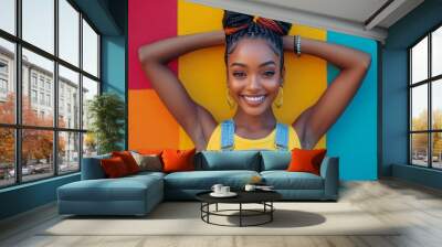 Confident gen z woman with two tone braids celebrating on a vibrant colored background, Generative AI Wall mural