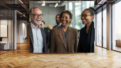 Group of multicultural businesspeople laughing while standing together in a modern office, Generative AI Wall mural