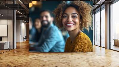 Happy businesspeople attending a virtual briefing with their partners, Generative AI Wall mural