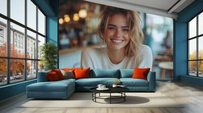 Happy young woman using a smartphone during her coffee break in a cafe, Generative AI Wall mural