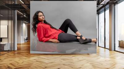 Indian young female model in casual wear posing against grey background - stock photo. Long black haired model wearing red shirt, black jeans and black heeels. Wall mural